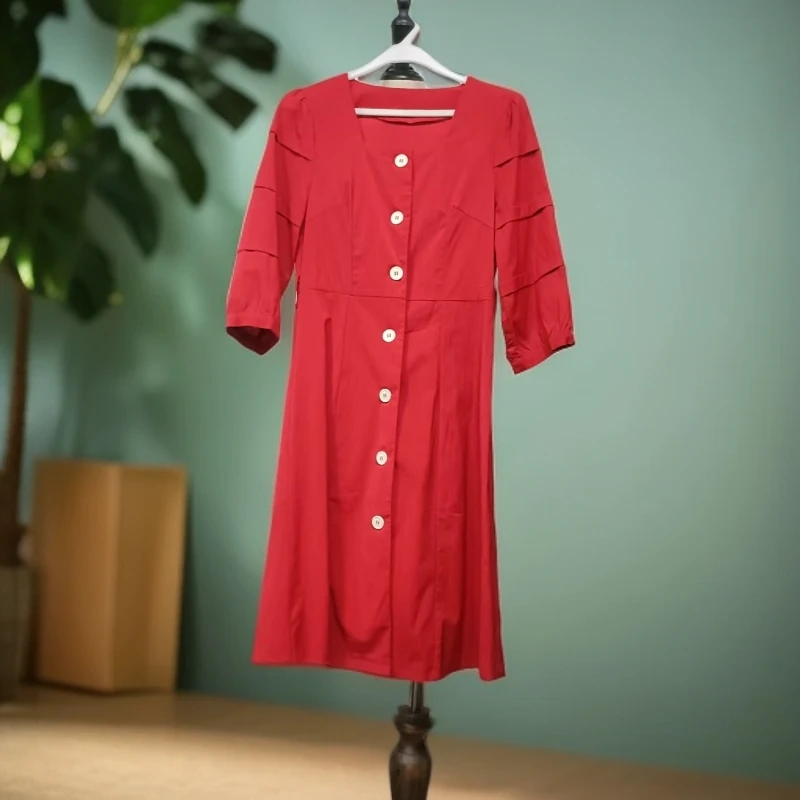 秋季方领单排扣红色连衣裙中长款C337