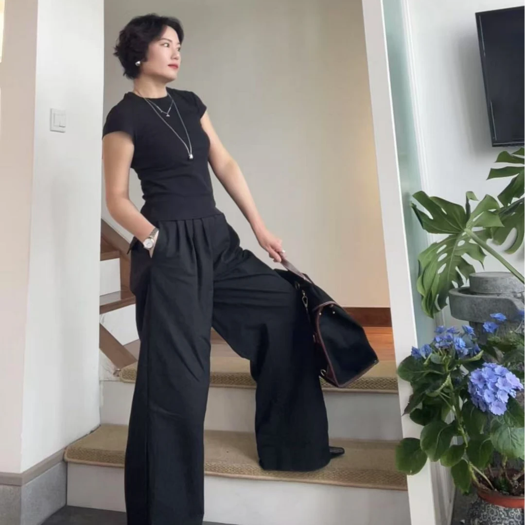 【春夏】黑色翻边阔腿裤时尚百搭