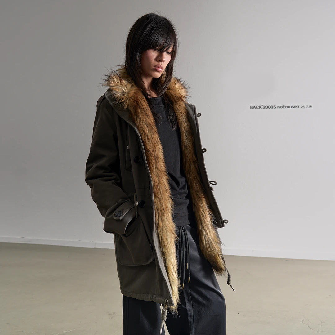 noEmosen(noE猎装夹克长款秋冬加厚环保皮草防风派克服大衣NE3817