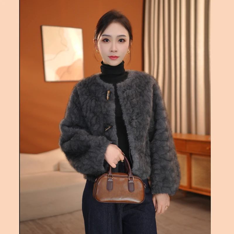 【XH】灰紫色女士短款毛毛外套设计师冬季气质精致-BDP95233