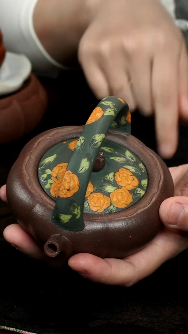 茶壶紫砂紫泥佛莲玫瑰提梁壶