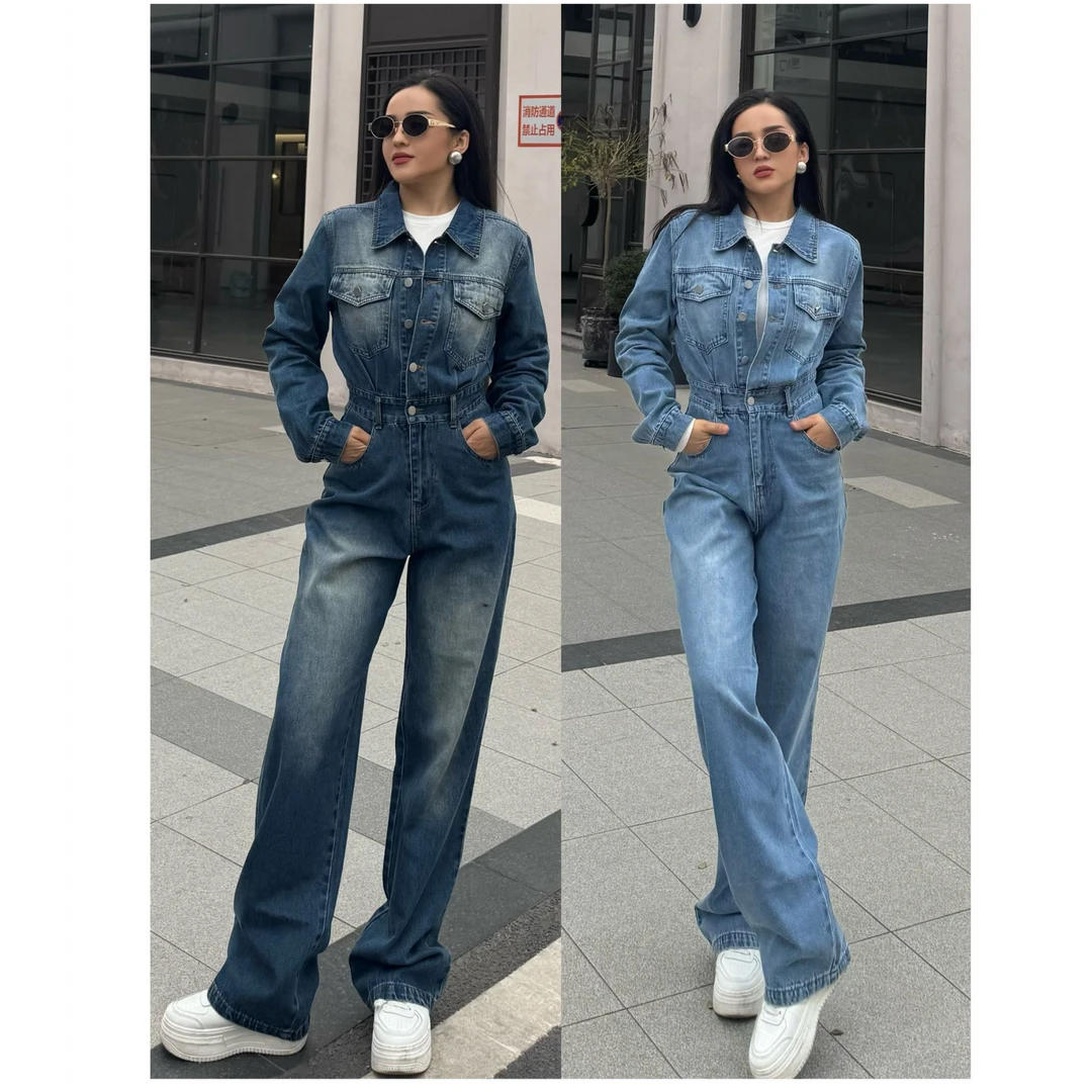 休闲时尚连体裤常规直筒裤春季直筒宽松薄款高腰加长连体裤A10