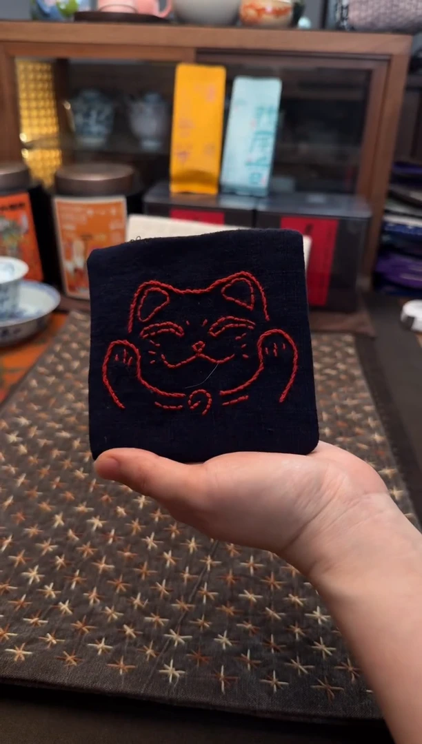 织绣Cici手作老布柿染杯垫-699