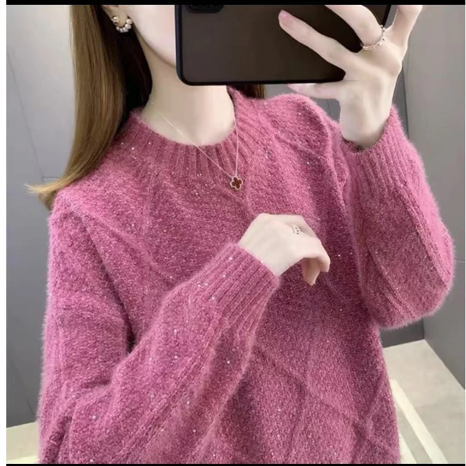 长袖毛衣外穿女ins女士韩版亮片秋冬针织圆领不起球百搭时尚