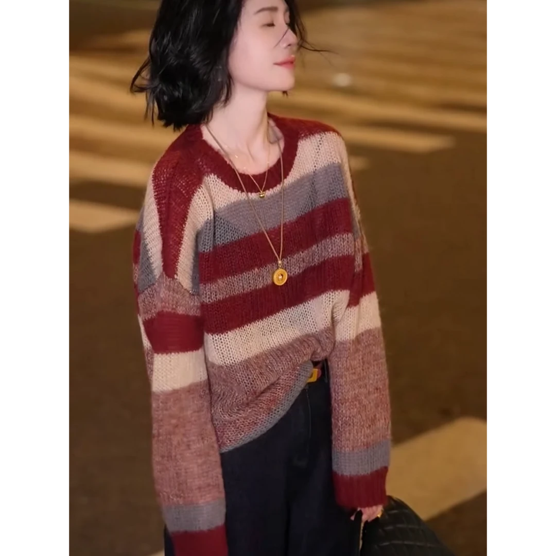 韩版长袖圆领拼接上衣女2025早秋简约宽松百搭时尚休闲显瘦针织衫