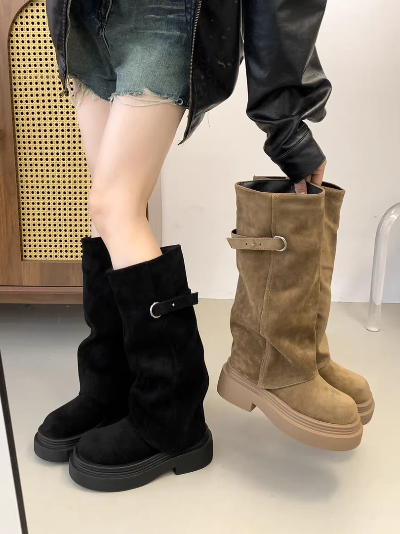 废土风～中筒辣妹裤管靴厚底堆堆长靴女
