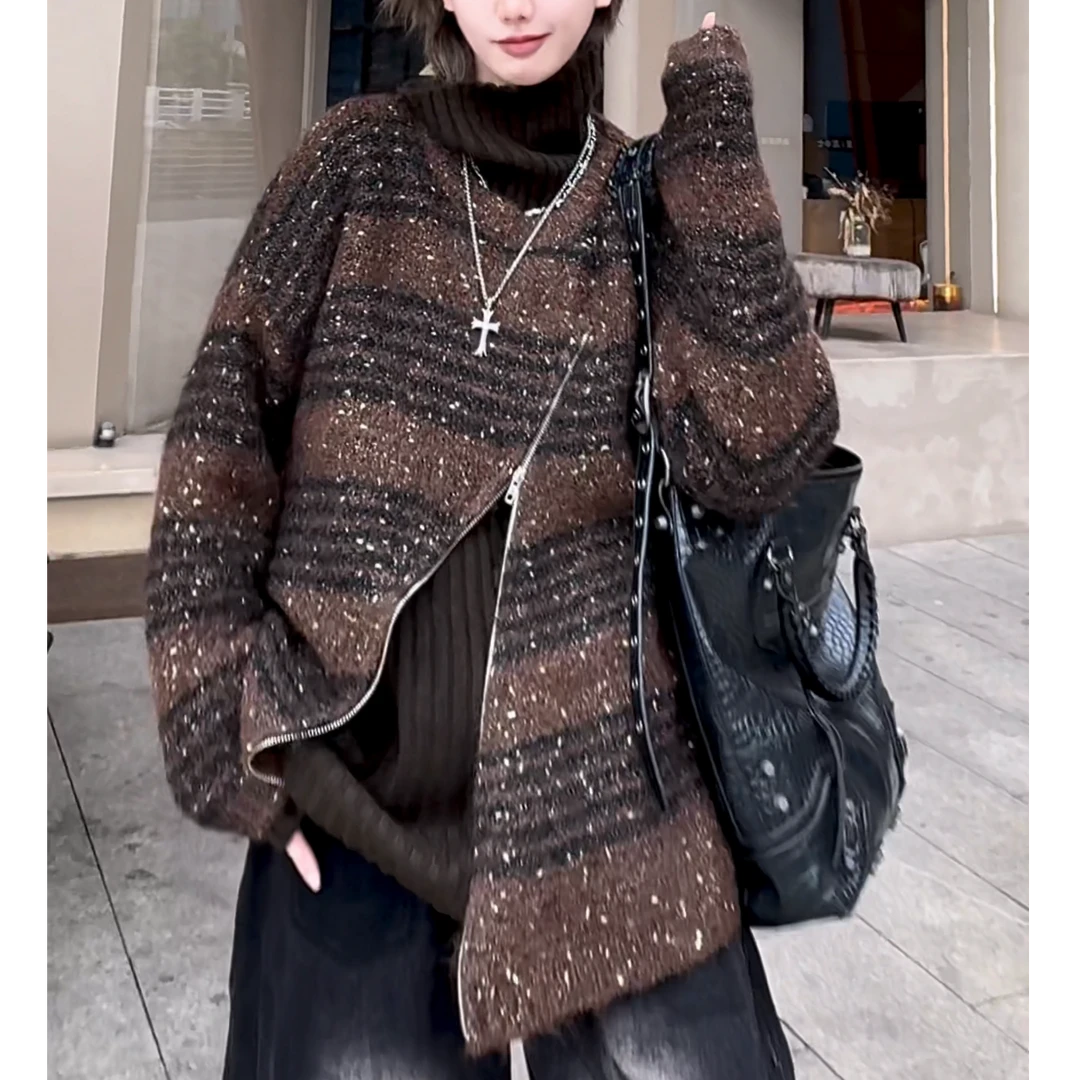 冬季羊毛马海毛混纺轻奢不规则设计感斜拉链宽松气质毛衣慵懒风