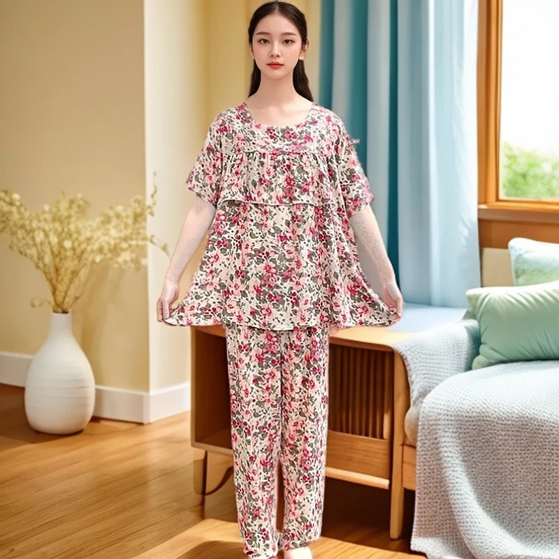 【防凸点短袖长裤】不带胸垫棉绸睡衣女士新款夏季薄款家居服Y112