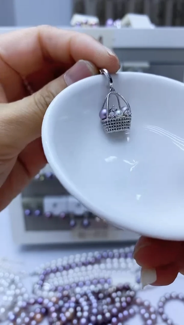 银S925镶嵌淡水珍珠耳饰花篮吊坠