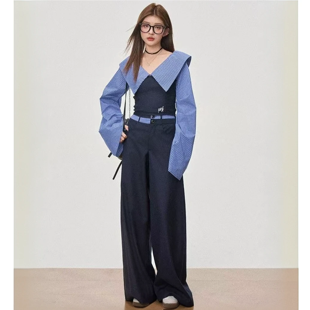 一字肩条纹拼接显瘦修身上衣学院休闲裤两件套