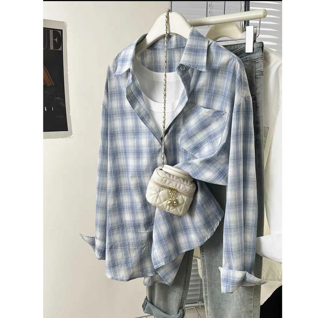 蓝色格子新款防晒衬衫外套女夏季小众薄款衬衣开衫休闲宽松上衣