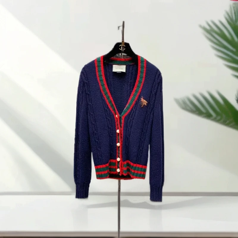 99新 GUCCI/古驰 S码 深蓝色 拼绿拼红边 蜜蜂刺绣图案 长袖开衫