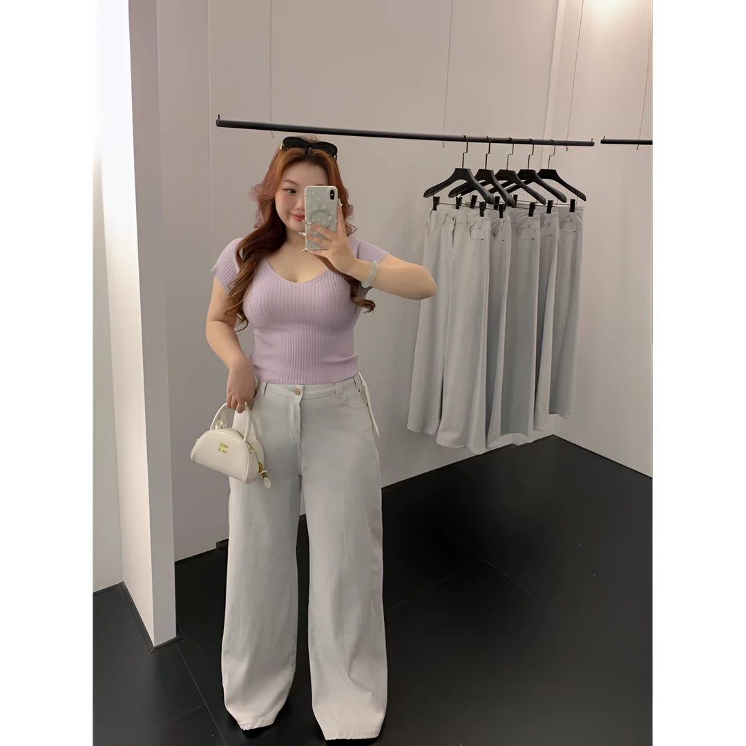 慧芝huizhi 1382-1梨形高个子天菜 定制灰白色高腰显瘦直筒牛仔裤