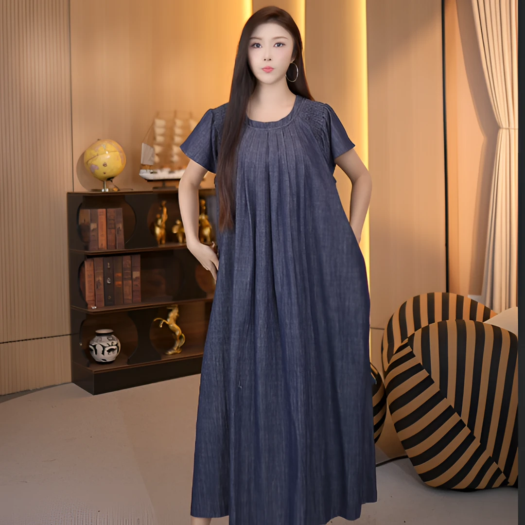 清仓B55561短袖女士长裙V领牛仔套头连衣裙百搭圆领纯色休闲宽松