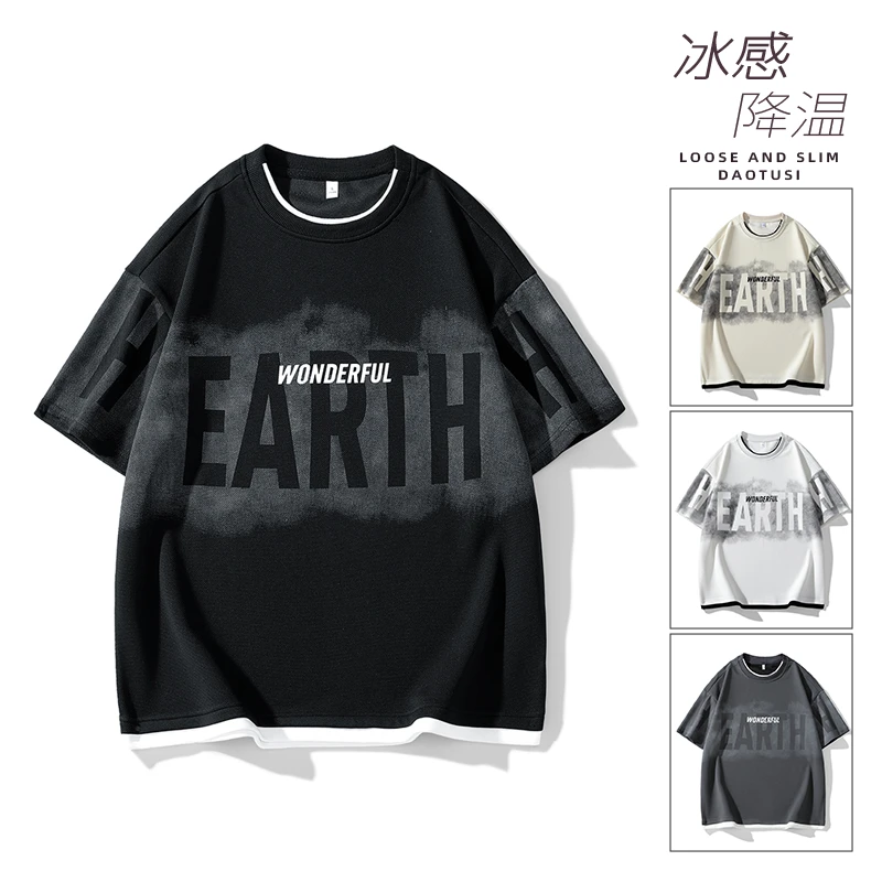 假两件印花美式短袖休闲舒适百搭半袖宽松高街复古街头嘻哈t恤衫