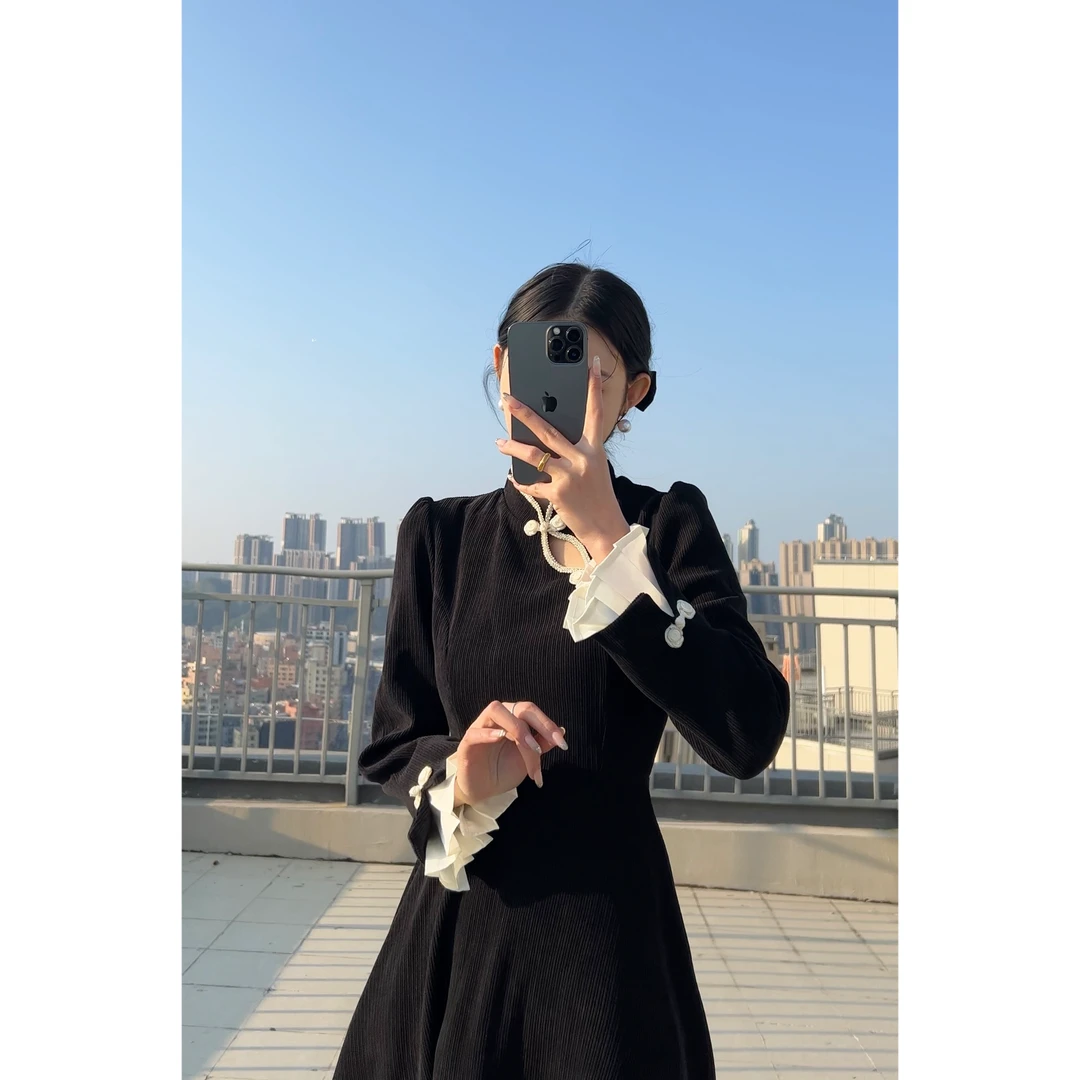 中式时尚黑色气质显瘦法式高级感赫本风连衣裙A0108-1