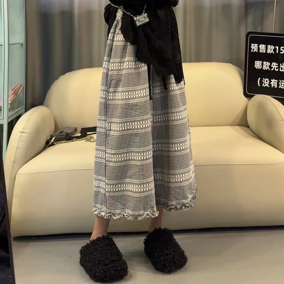 【文乐乐】春季新款韩版洋气花边裤脚时尚休闲潮流百搭八分裤25035
