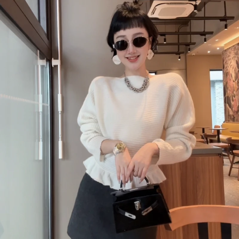 XIAOBAI女长袖套头圆领针织上衣短款毛针织衫气质荷叶边上衣