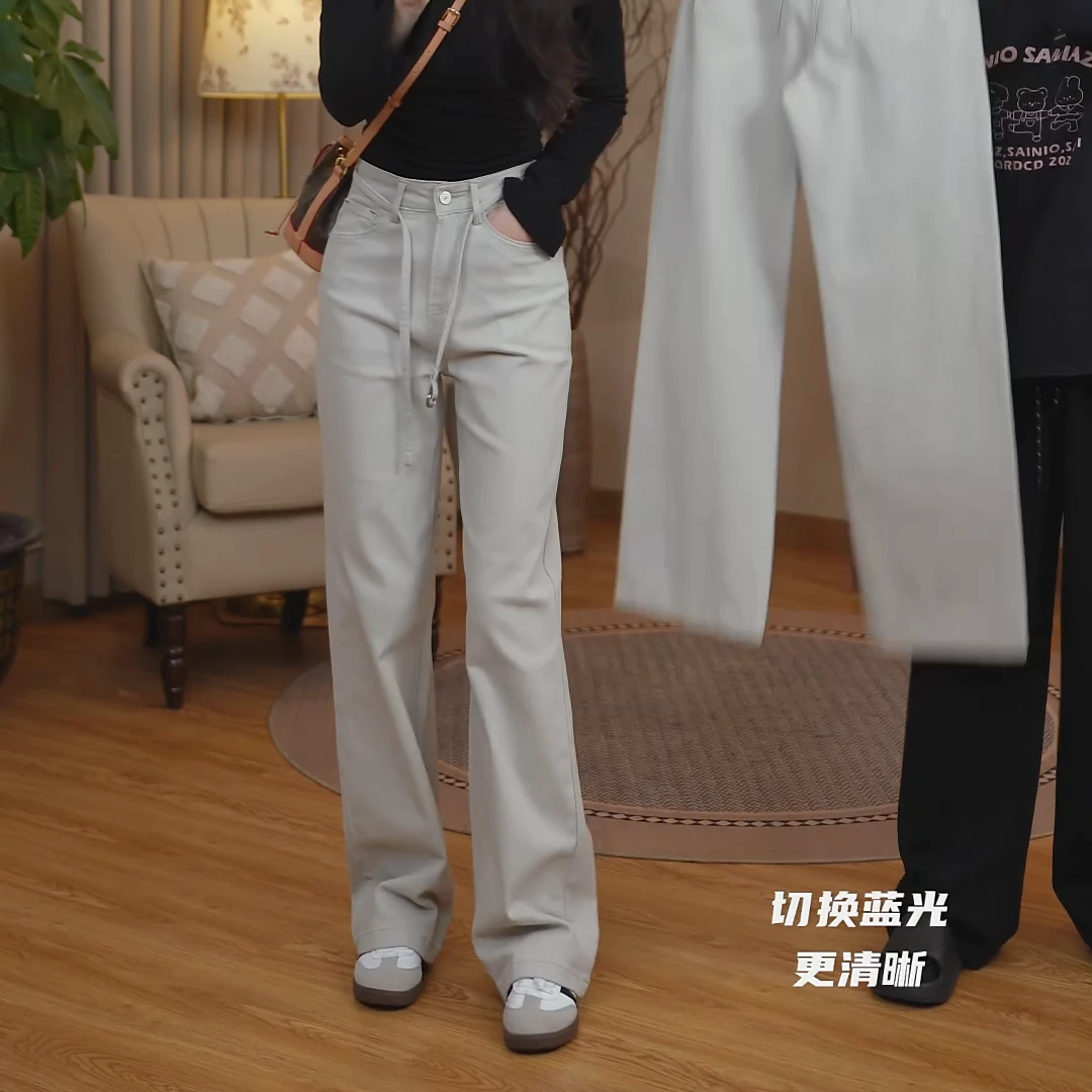 月光灰-2025春季新款撞色设计腰带窄版直筒牛仔裤LK2501600
