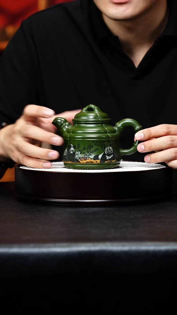茶壶紫砂宜兴紫砂 熊猫抽角竹鼎 绿泥