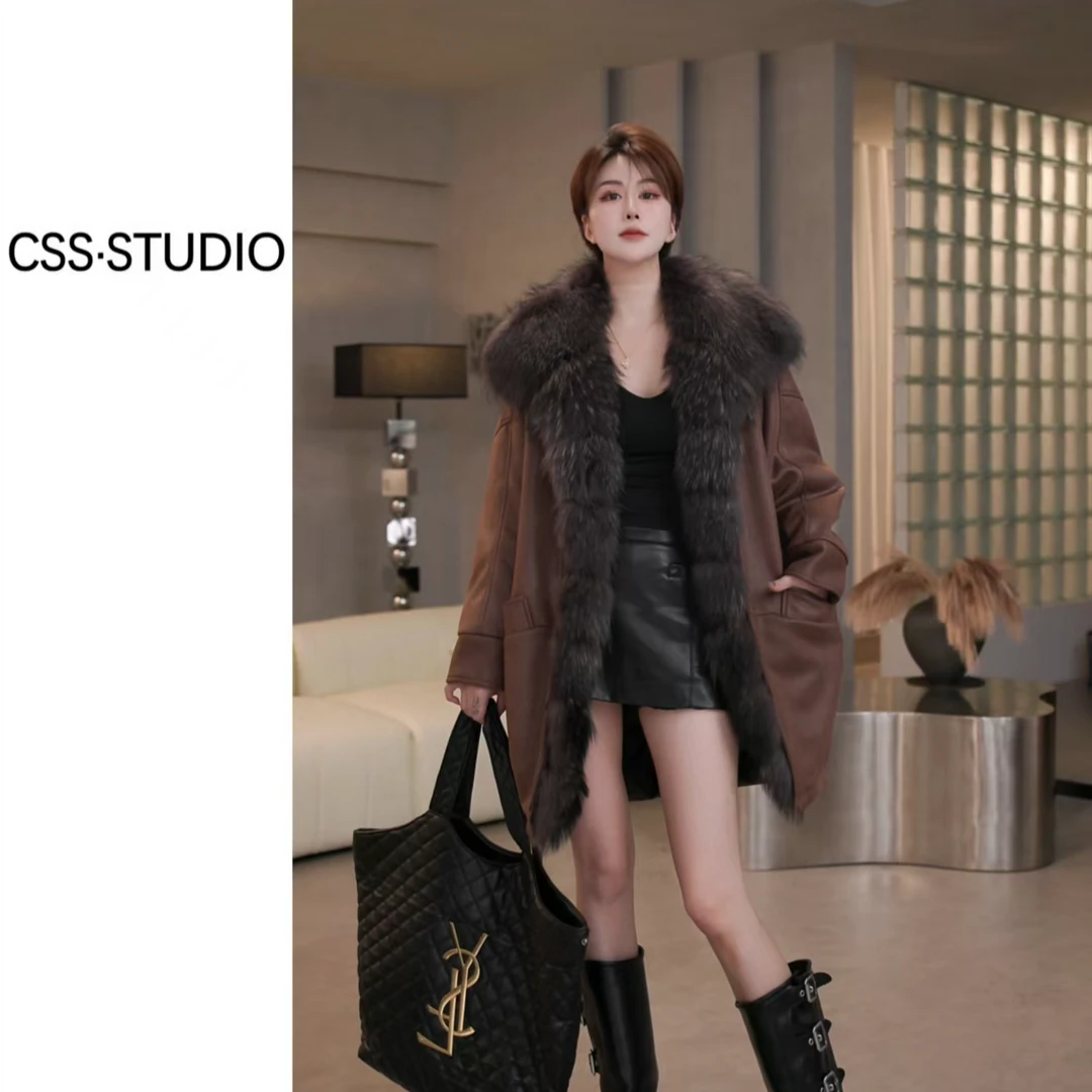 【ou.y思思】貉子毛领休闲皮毛一体长款鹅绒皮草外套2025新款保暖