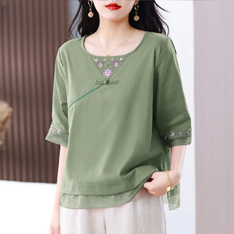 新中式国风2025新款夏季棉麻t恤女短袖七分袖苎麻小衫妈妈装上衣