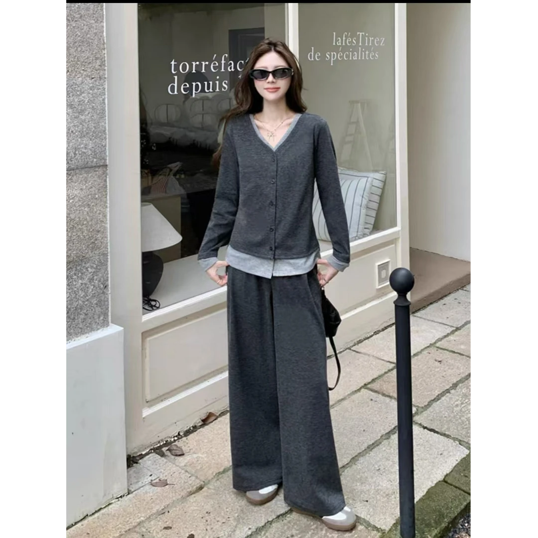 大码女装胖mm显瘦秋冬季长袖假两件上衣+阔腿裤时尚两件套装-5011