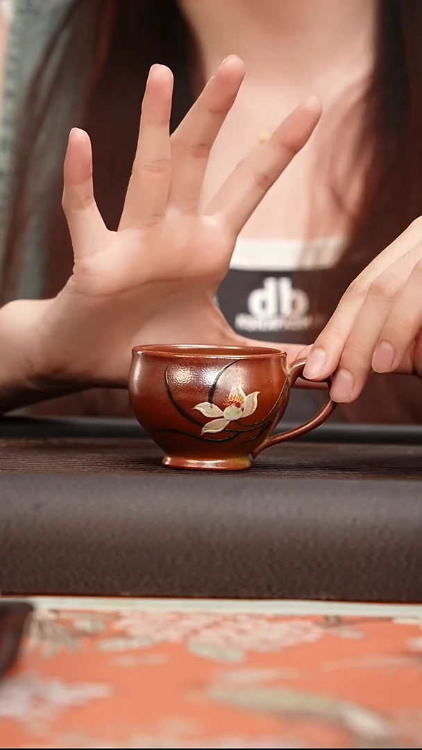 茶壶紫砂高温段泥火云烧荷花泥绘把杯100cc