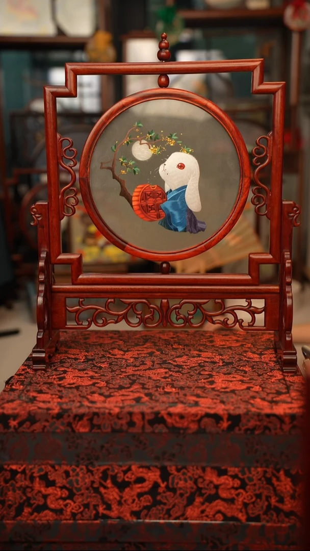 扇子苏绣双面绣五福架 35乘41