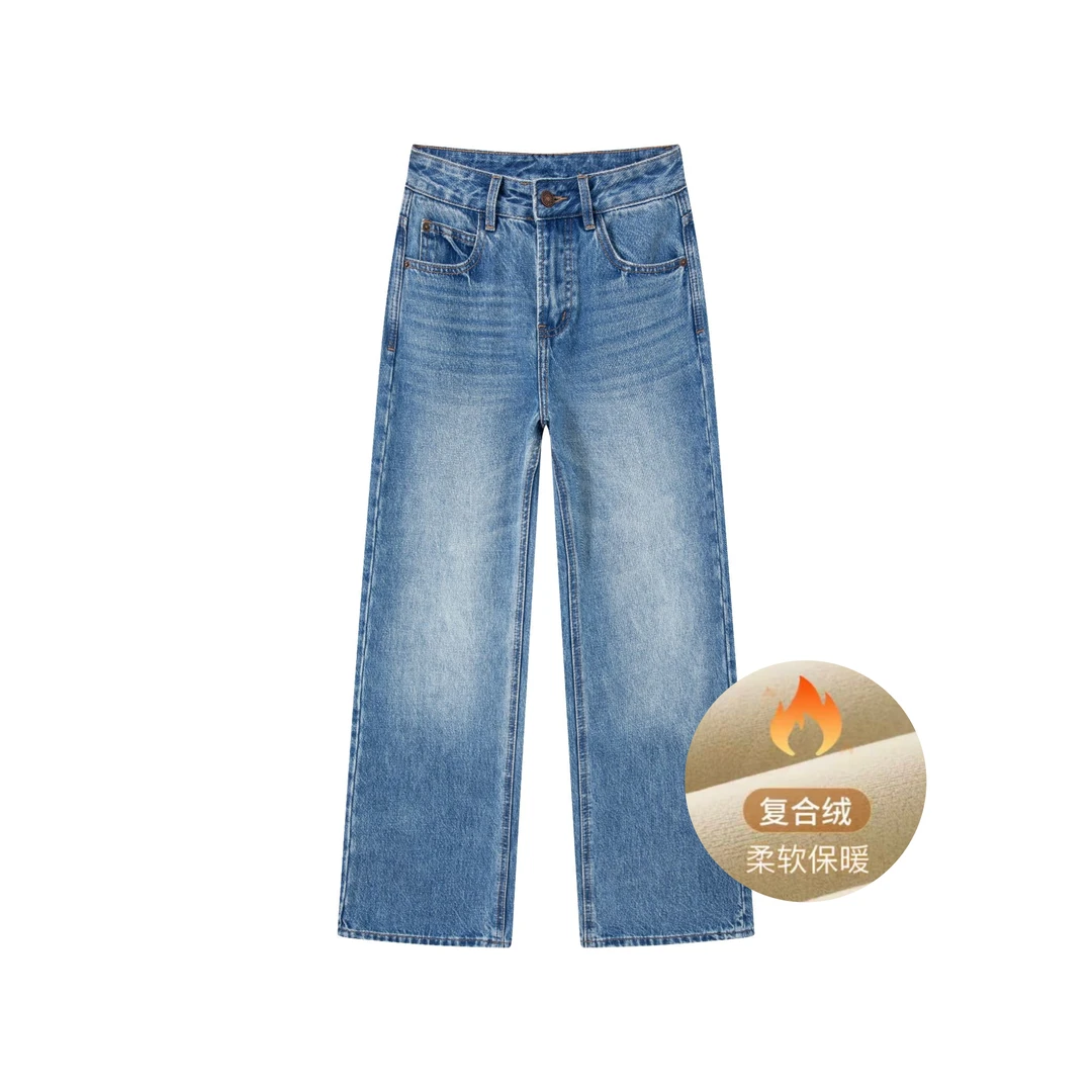 【SUPP】加绒加厚-树林1.0'毛中腰水洗单片腰宽松直筒牛仔裤女
