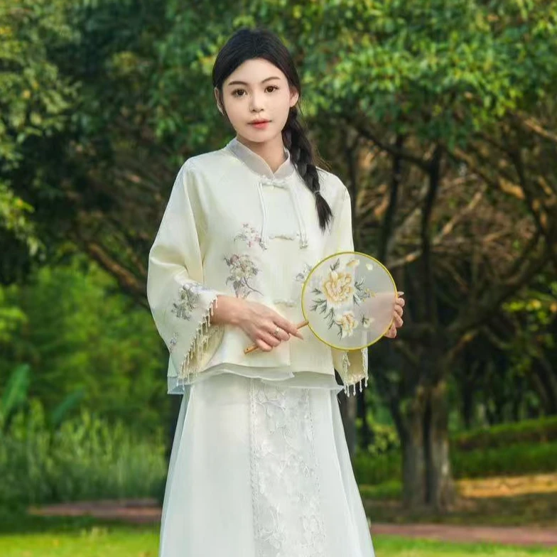 【绣球】新中式圆领女装刺绣开衫改良款汉服中袖上衣半身裙两件套