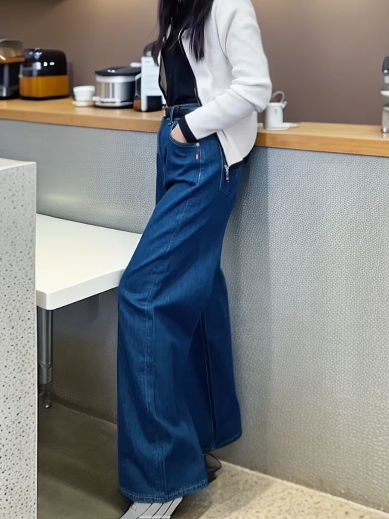 【HX女裤】DM205春秋新款宽松阔腿裤牛仔蓝色百搭直筒裤休闲女裤