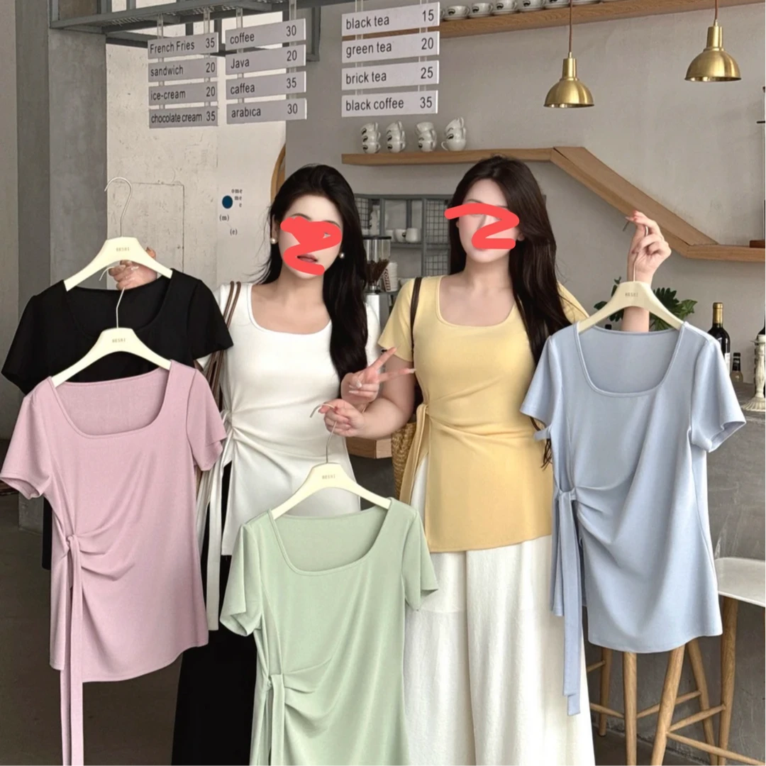 长2025夏季新款胖mm大码设计感小众开叉上衣收腰显瘦短袖T恤35120