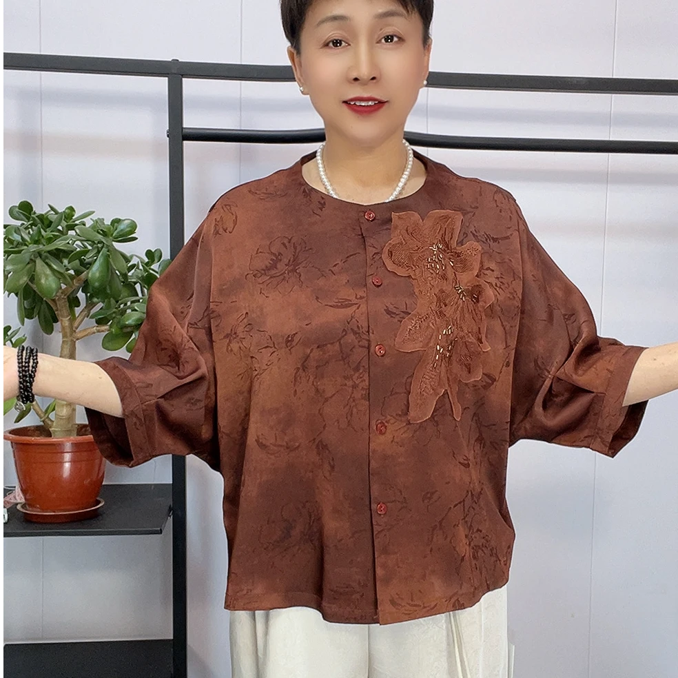 宽松减龄夏季蝙蝠衫新款洋气爆款中袖时尚遮肉显瘦上衣中老年女装