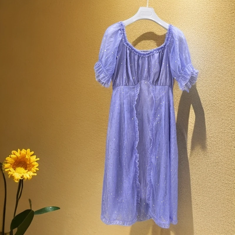 1503紫色亮晶晶洋气气质甜美连衣裙女装纱裙长款夏季长裙时尚裙子