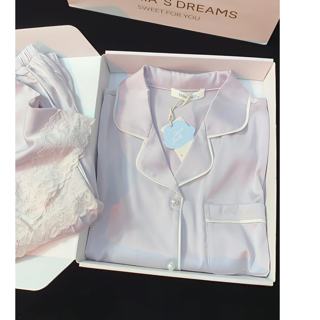 绸缎丝唾衣女夏季薄款开衫短袖甜美百搭显瘦浅紫翻领气质家居服