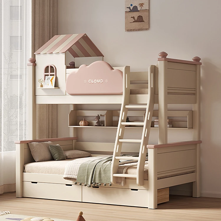 全实木儿童高低床子母床简约风公主床粉色房子床儿童房主卧上下铺
