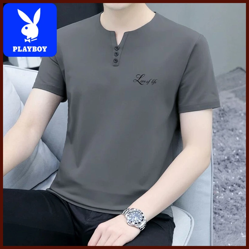 花花公子男士夏季薄款V领短袖t恤潮牌宽松休闲凉感体恤男