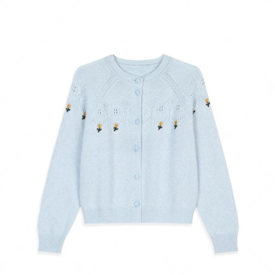 2025秋针织长袖蓝色刺绣花朵针织开衫女春季新款温柔风毛衣H6-22