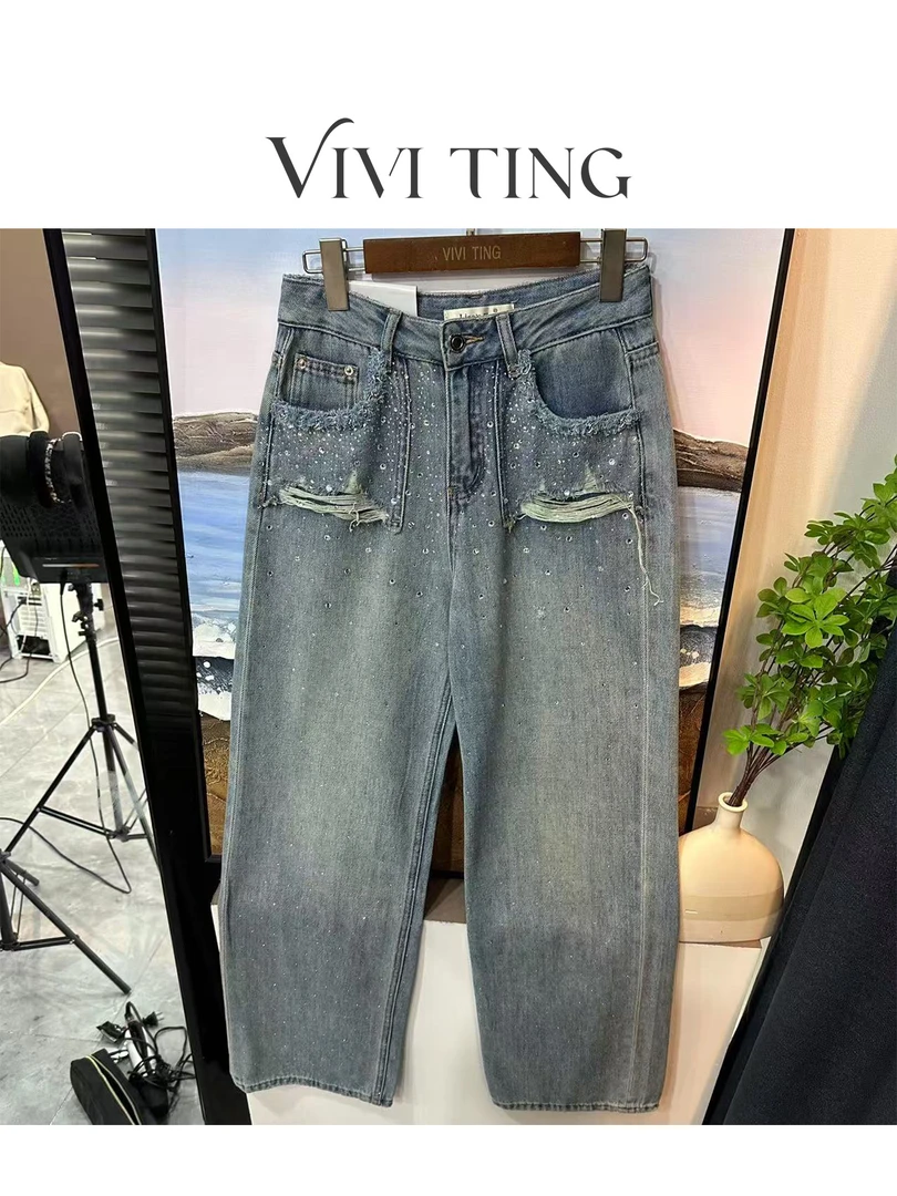 【VIVI·TING】婷姐推荐时尚高级感满天星烫钻破烂边口袋牛仔裤