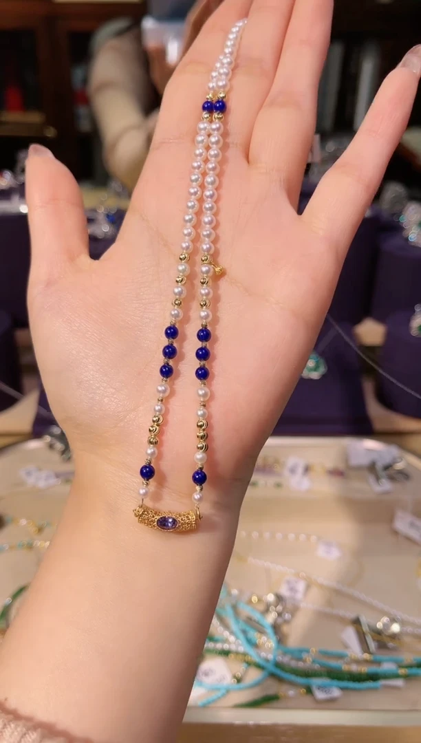 【闪购商品】淡水珍珠颈饰18K金镶嵌珍珠坦桑青金石项链