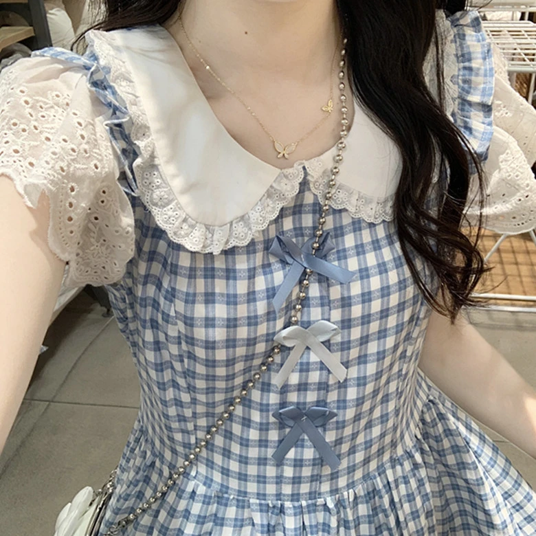 小个子长裙娃娃领清爽法式蓝色连衣裙小清新显瘦气质甜美蓝色收腰