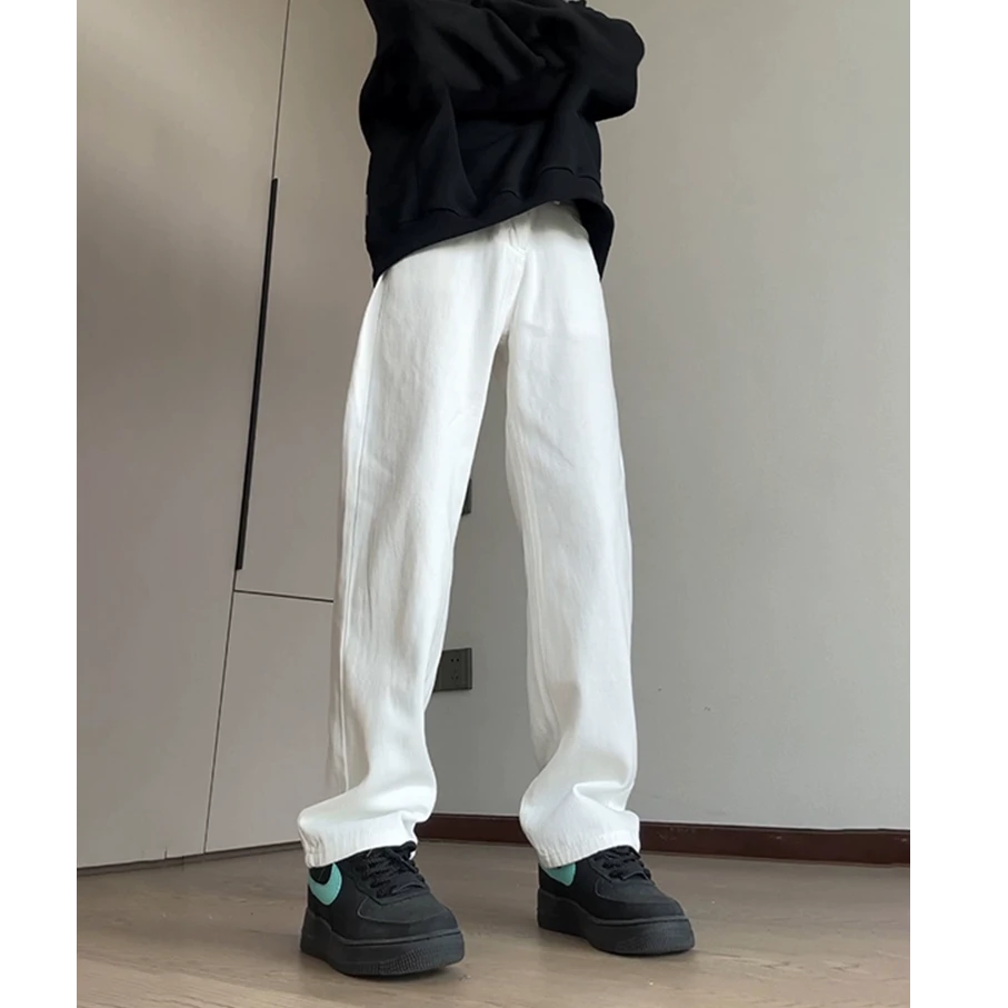 美式复古白色牛仔裤男款春秋季潮牌cleanfit直筒宽松阔腿裤子