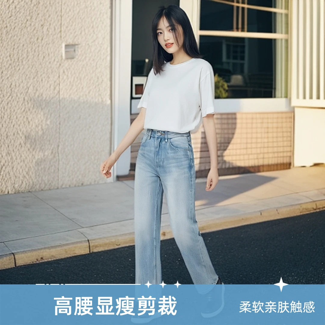浅色直筒牛仔裤女2025春夏新款简约休闲高腰宽松显瘦阔腿长裤