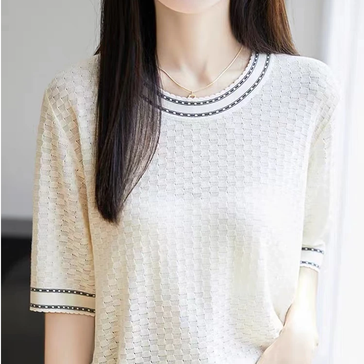100%莱赛尔镂空短袖t恤女夏季2025新款打底衫女冰丝针织上衣
