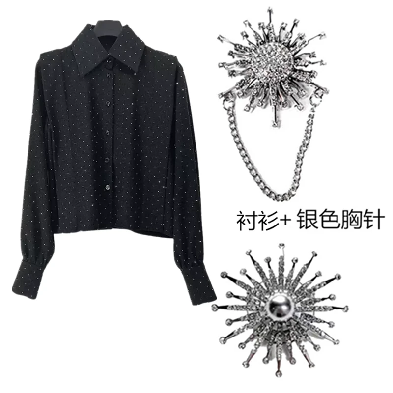 2025秋冬女装翻领小香风气质衬衣宽松长袖重工针织时尚黑色衬衫女