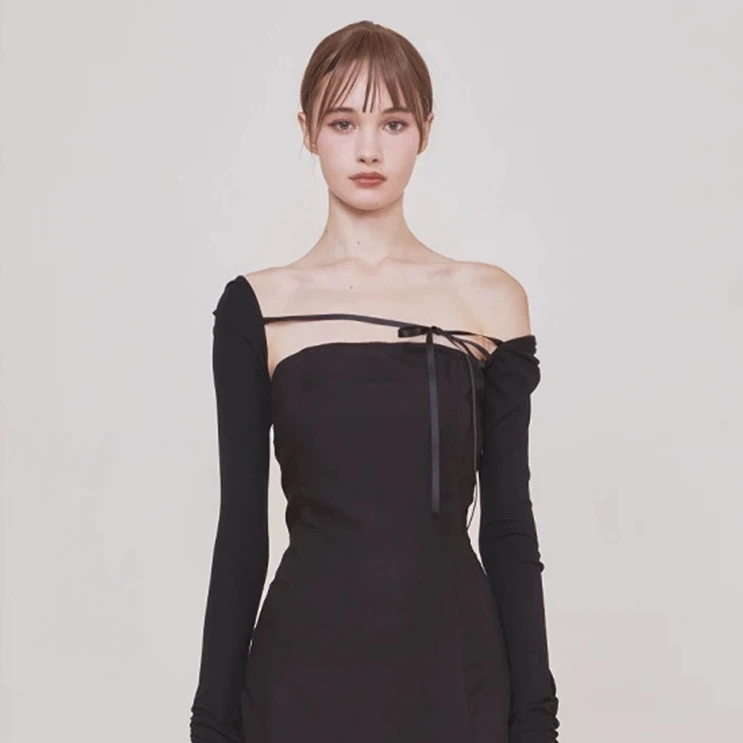 GABBY 长袖拼接假两件抹胸收腰连衣裙L1281