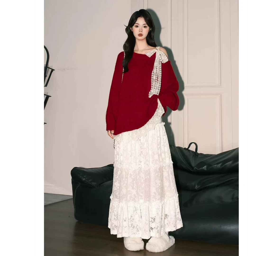 法式漂亮蕾丝镂空白色半身裙女＋针织上衣套装699910