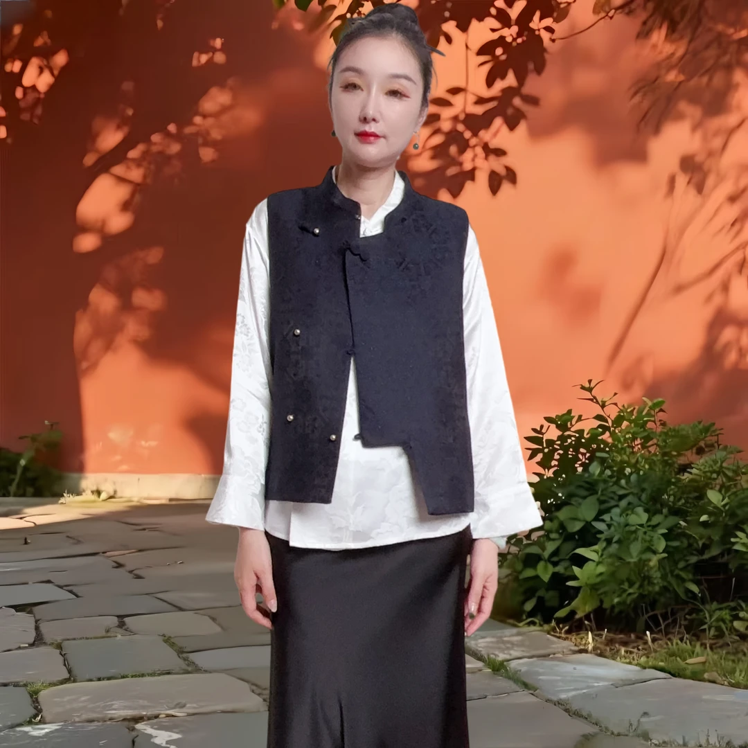 上久楷桑蚕丝真丝羊毛高级感新中式八达运马甲女盘扣气质国风坎肩