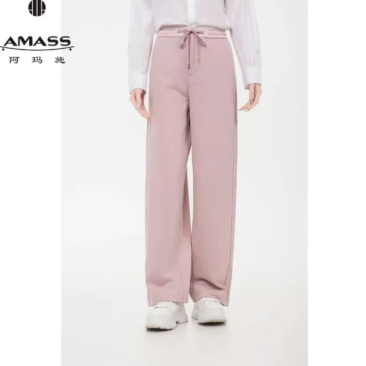 AMASS阿玛施经典百搭休闲拼接缎面质感抽身松紧腰小香风裤5100530